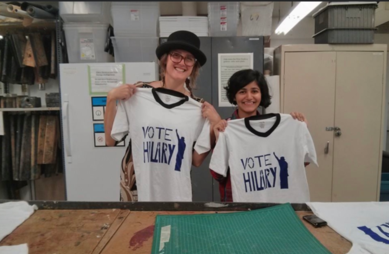 Apoorva and Hilary making Vote Hilary tshirts for the campaign.