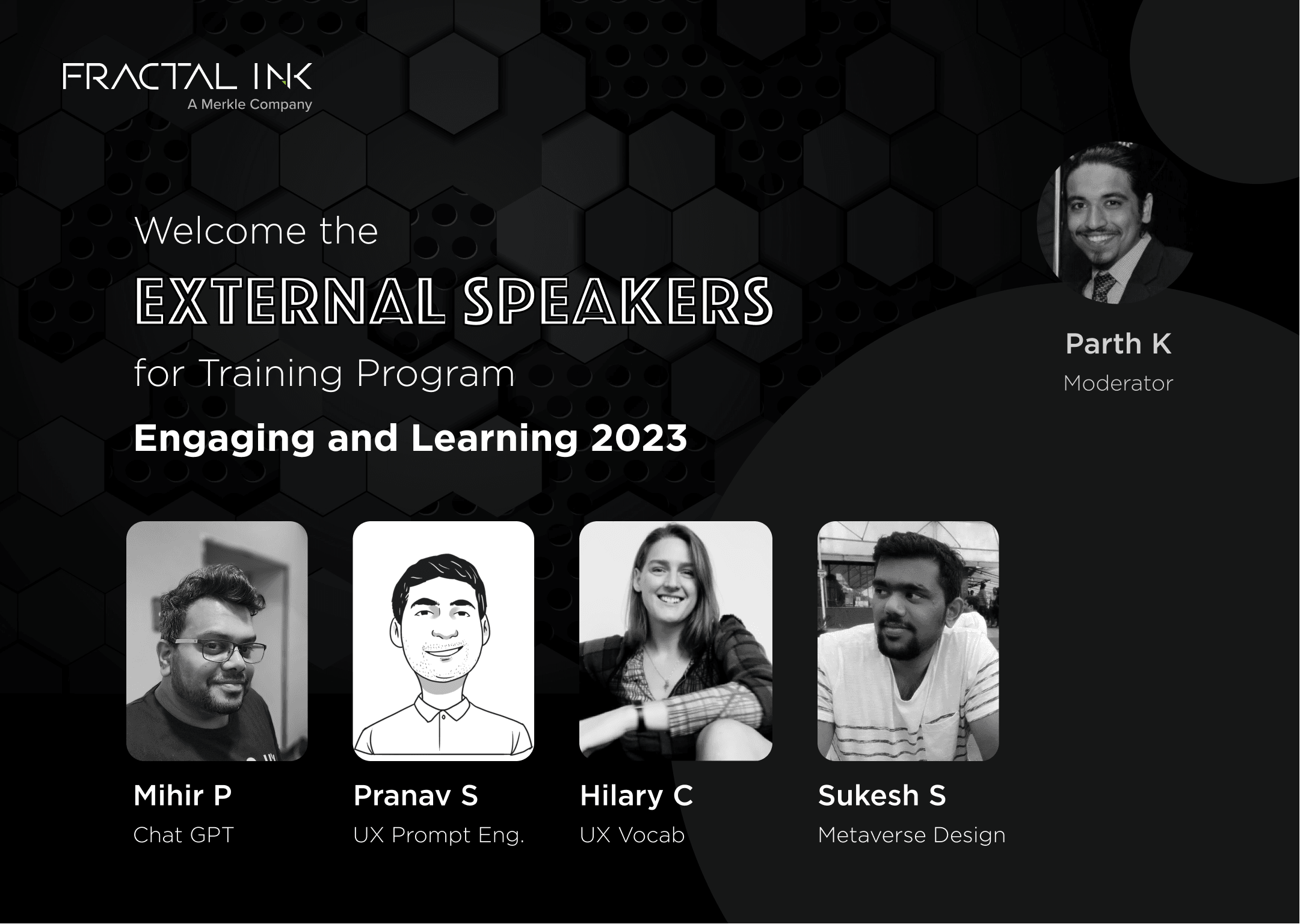 Fractal Ink external speakers banner featuring Hilary's profile picture