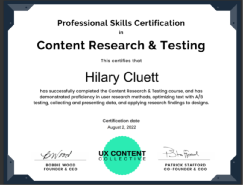 Content research and testing certificate